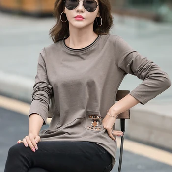 Vrecku Výšivka T Shirt Ženy 2020 Dlhý Rukáv Voľné Žena Oblečenie Bavlna Bežné T-Shirt Žena Poleras Mujer De Moda 2019