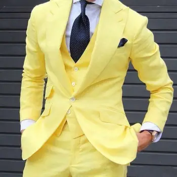 Nové arrivall Žltá Muži Obleky Business Ženícha Slim Fit Tuxedos Formálne Vyhovuje Smoking Svadobné Šaty, Bundy Nohavice, Vesta kostým