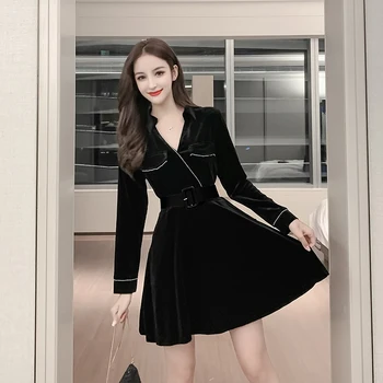 COIGARSAM francúzsky Štýl Ženy jednodielne šaty kórejský Vintage Vysoký Pás Šaty Black 6619