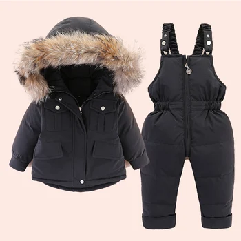 2 ks Set Baby Girl zimná páperová bunda a jumpsuit pre deti Zahustiť Teplé kožušiny golier bunda pre dievčatá Kojenecká snowsuit 0-4Year