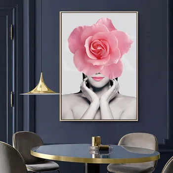 Moderné Módne Ružový Kvet Kvetinový Ženy Plátno Umenie Obrazy Plagáty Vytlačí na Stenu Umenie Fotografie pre Domáce Dekorácie Spálňa