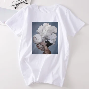 Módne dámske Tričká Harajuku Estetické Pierko Kvety Tlač T-shirt O Krk Krátke Sleeve Tee Tričko Bežné Ženy Oblečenie