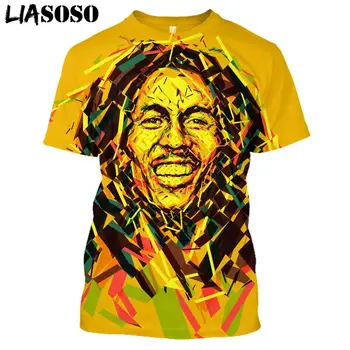 LIASOSO Bob Marley Anime T-shirt 3D Tlač Muži Ženy Hudby Rapper Oblečenie Letné Módy Krátke Sleeve Tee Hip Hop Žltá Topy