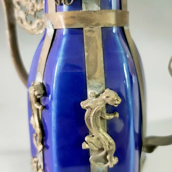 Nádherná Čínska Starožitné domov dekoratívne Modrá Porcelánová Kanvica Vykladané s Tibetského Striebra Zvierat Stautes