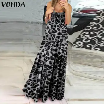 Dlho Maxi Šaty VONDA Ženy Sexy bez Rukávov Vintage Leopard Vytlačené Dlhé Šaty Plus Veľkosť Elegantné Party Vestidos Femme 5XL Župan