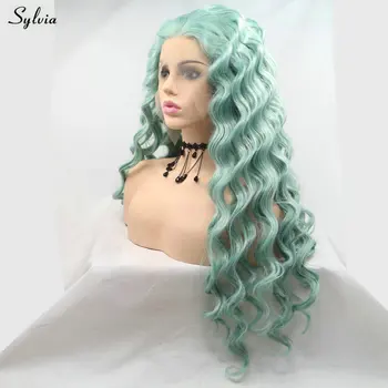 Sylvia Drag Queen Voľné Vlny Dlhé Vlasy Pastelovo Modrá Zelená Zmiešané Farby Syntetické Parochne Čipky Front pre Ženy Cosplay Party make-up