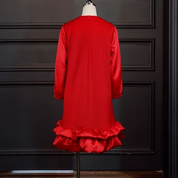 Jar Červený Dlhý Rukáv Voľné Šaty Žien V Krku Volánikmi Patchwork Koleno Dĺžke Nadrozmerné Veľkosti Pluse Bežné Nosenie Oblečenie 2021