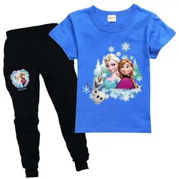 Dievčatá Nastaviť Oblečenie Mrazené Elsa T Shirt Letné Oblečenie Baby Set 2Pc Deti Vyhovovali T Hovno+Disney Nohavice Bežné Detský Kostým