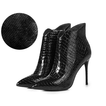 Ženy Zimná členková obuv pravej kože 10 cm bod prst na zips sexy tenké päty sivá čierna krátka zavádzania matný topánky ženské topánky