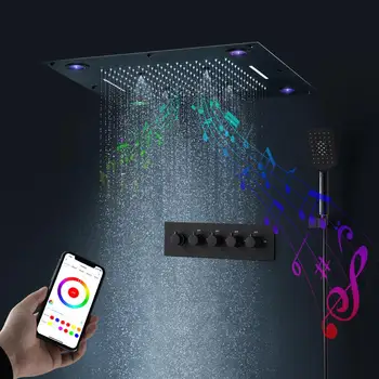 Bluetooth Hudby Sprcha Hlavu Kúpeľňa Stropné LED Sprcha Set Zrážok Vodopád Black Sprcha Kohútikov, Termostatické Skryté Zmiešavač