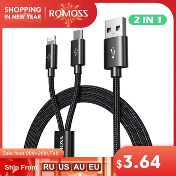 ROMOSS 2 v 1, Micro USB Kábel Nylon USB Dátový Kábel pre Xiao Samsung Tablet Telefónny Kábel pre iPhone 11 Pro Max USB Nabíjací Kábel