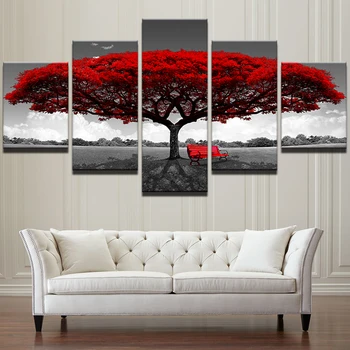 5 Kus plátno na Maľovanie na stenu umenie červený strom červená stolička Zelená Žltá strom krajiny Plátno art decor obrazov na stenu