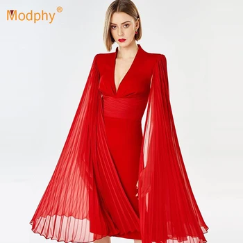 Červená Elegantné Ženy Dráhy Šaty, Sexy Skladaný Plášť S Dlhým Rukávom Bodycon Celebrity Večierok Hosť Šaty 2020 Módy Nové