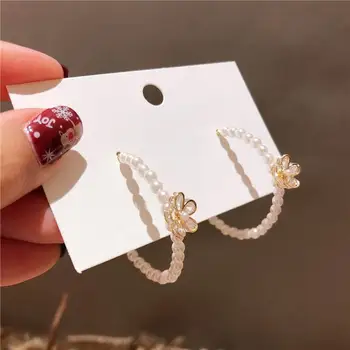 Kórejský Zirkón Kvet Pearl Kruhu C Tvarované Náušnice Pre Ženy Temperament Earings Šperky bijoux Dary