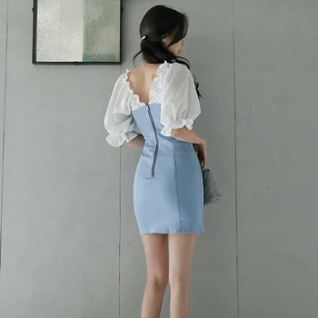 Bodycon džínsové Šaty pre ženy Lete Modré Krátke Rukáv v krku Dámy Kórea Džínsy Sexy Office Mini Šaty