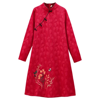 M-4XL Plus Veľkosť Jeseň Zima Červená Výšivky Dlhý Rukáv Qipao Šaty Vintage Čínskej Tradičnej Strany Žien Cheongsam Šaty