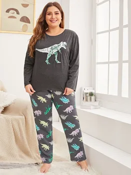 4XL Plus Veľkosť Ženy Jeseň Dinosaura Pekné Tlač Pajama Sady Dlhý Rukáv Pyžamo Mäkké Pyžamá Sleepwear Jeseň oblečenie pre voľný čas 2020