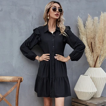 Leto Jeseň Ženy Čierne Šaty Volánikmi Dlhý Rukáv Elegantné Tričko Šaty Voľné Bežné Skladaný Mini Šaty Sundress Župan 2021 Nové