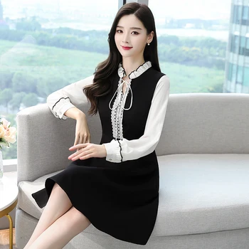 2021 Jar Jeseň kórejský Bežné Šaty 3XL Plus Veľkosť Vintage Luk Patchwork Módy Sexy Mini Šaty Žien Bodycon Strany Vestidos