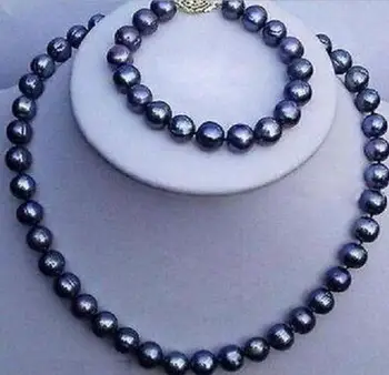 Ohromujúci 8-9mm tahitian čierny náramok perlový náhrdelník nastaviť 14k