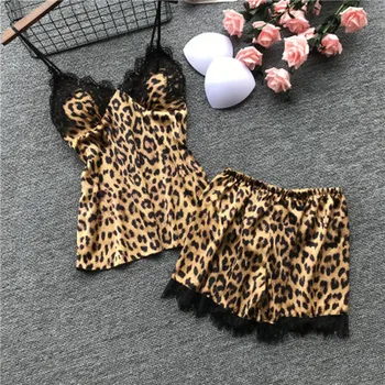 QWEEK oblečenie pre voľný čas Ženy Pyžamo Leopard Satin Pijama Mujer Bežné Elegantné Pyžamo Femme Hodváb