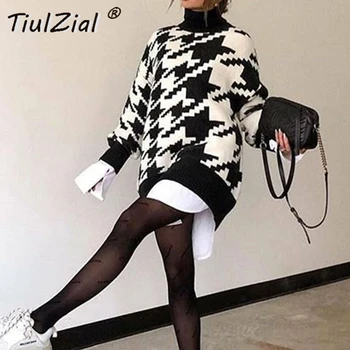 TiulZial Jeseň Ženy Turtleneck Sveter Šaty S Dlhým Rukávom Houndstooth Mini Šaty 2020 Bežné Zimné Pletenie Krátke Šaty