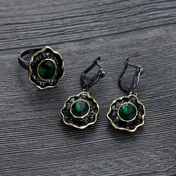 Viennois Vintage Šperky Set pre Ženy, Zelená Farba Drahokamu Prsteň a Náušnice, Šperky Set Dubaj Šperky, Módne Šperky