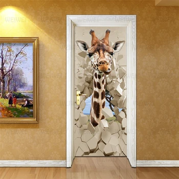 3D Zobrazenie Zvierat Dvere Nálepky Vinylové Samolepiace Vymeniteľné Nepremokavé Plagát Dinosaura Žirafa nástenná maľba Odtlačkový Home Design Dverí Dekor