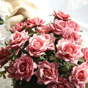 Umelý Hodváb Rose Nevesta Kytice Svadobné, Vianočné Dekorácie pre Domov Váza Záhradné kvetináče Dekor Falošné Kvet Pobočky