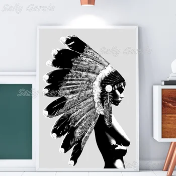 Sexy Indické Dievča Čierne Biele Pierko Plagát Minimalistický Rodák Maľovanie Nordic Wall Art Plátno Tlačiť Obrázok, Obývacia Izba Dekor
