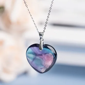 Prírodné Fluorite Ručne vyrábané v tvare Srdca Prívesok Rainbow Láska Crystal Náhrdelník Ženy Clavicle Lano, Reťaz valentínsky Darček Šperky