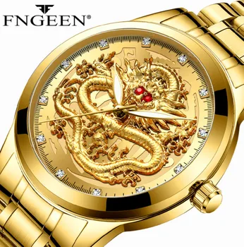 FNGEEN Top Značky Luxusné Zlaté Mužov Luxusné Quartz Hodinky 3D Život Nepremokavé Dragon Face Full Pevné Hodinky Náramkové hodinky Dropshipping