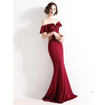 AE488 červené Víno 2020 Nové Vidieť-cez Appliques Korálkové Dlhé Večerné Šaty Ramena Elegantné Party Šaty