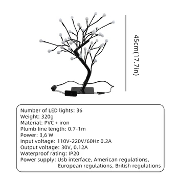 Bonsai Strom Svetlo 36 Svetlé Led Energeticky úsporné Lopta Čierny Vetvy Stromu Svetlo pre vnútorné Strany, Svadobné, Vianočné Výzdoba