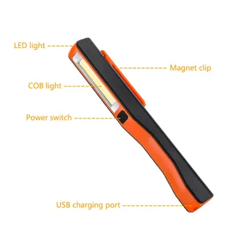 SANY USB Nabíjateľné COB LED Baterka Inšpekcii Práce Pochodeň Penlight Magnetický Klip Praktické Svietidlo Na Pracovný Kemp