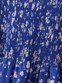 Dámske Oblečenie Šaty Jar Leto 2020 Nové Príležitostné Kolo Krku Tri Štvrtiny Rukáv Skladaný Modrá Kvetinový Tlačené Šaty