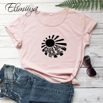 Elimiiya dámske Bavlnené tričko New Rock Štýl Móda Žena Voľné Krátky Rukáv Sun Print T Shirt Topy Dámske Oblečenie Žena