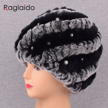 Nový Pearl Králik kožušiny klobúk pre Ženy ruskej Reálne Kožušiny Pletené Čiapky Jedinečný dizajn Zimnú Čiapočku Klobúk módnej značky lebky RGQ11279