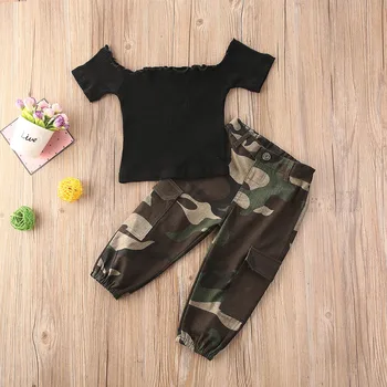 Nové Módne 1-6 Rokov Letné Baby Girl Camo Oblečenie Batoľa Čierna Pevná Bavlna Mimo Rameno Hore T-Shirts+Nohavice Nové Oblečenie Sady