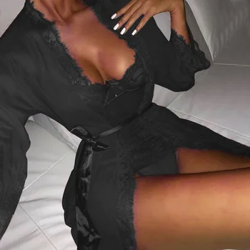 Oeak Nový Horúci Sexy Spodnú Bielizeň Plus Veľkosť Saténová Čipka Čierne Kimono Intímne Sleepwear Župan Sexy Nočná Košeľa Ženy Erotická Bielizeň