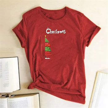 Vianočný Stromček Vytlačené T Shirt Vtipné Vianočné T Shirt Ženy Krátky Rukáv Crewneck Grafické Voľné Tees Vianočné Módne Oblečenie