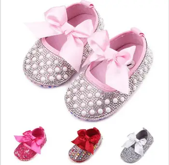 Jasličky topánky ručne vyrábané Dievčatá Princezná Mary Jane Crystal Pearl DIY Dieťa Batoľa Bebe Mäkké Soled Anti-Slip Luk Obuvi, Obuv