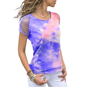 Nové 2020 Letné Topy 5XL Plus Veľkosť Ženy 3D Gradient Otvor T Shirt Príležitostné O-Krku Krátky Rukáv Duté Von Voľné Tričko Veľkých Veľkostiach