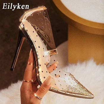 Eilyken Pvc Jasné Zlatý Diamant Transparentné Sexy dámske topánky Kamienkami Crystal Čerpadlá Ukázal prst vysoké podpätky Ženy, veľkosť 41 42