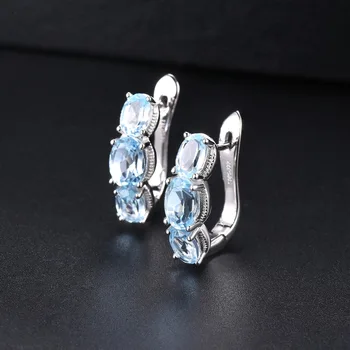 Hutang 925 Silver Hoop Náušnice pre Ženy, 1.48 ct Blue Topaz Drahokam Náušnice Klasické Elegantné Jemné Mincový Striebro Šperky
