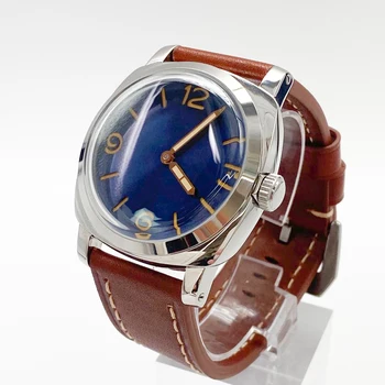 Pánske hodinky 47mm príručka až reťazca mechanického pohybu luxusný modrý ciferník leštené 316L prípade vysokej kvality hnedý kožený remienok