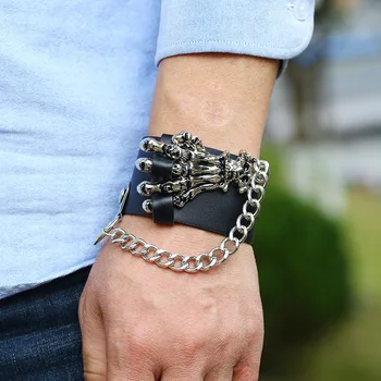 Gotický Punk pánske šperky Kostra Ruky kožený Náramok pre Mužov 4cm široké Ručne Nastaviteľný Kožený Náramok Šperky