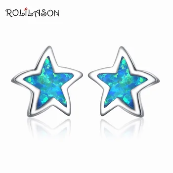 ROLILASON Vysokej kvality Hviezdy Dizajn blue Fire Opal strieborné pozlátené pre ženy Stud Náušnice Módne Šperky OE752