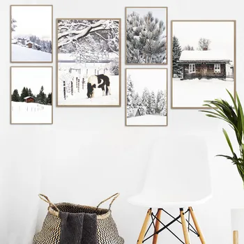 V Zime Sneh Borovicovým Lesom Dom Kôň Citát Wall Art Plátno Na Maľovanie Nordic Plagáty A Potlačou Obrazov Na Stenu Pre Obývacia Izba Dekor