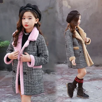 Zimné dievčatá Luxusný prehoz bunda bavlnené oblečenie móda nové dievčatá bunda strednej dĺžky vlny kabát teplé a bavlnená detská bunda